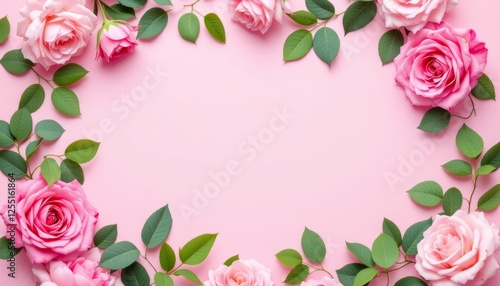 Delicate pink roses surrounded by vibrant green foliage, arranged in a border style on a pastel pink background. This image exudes elegance and charm, perfect for floral or romantic themes.