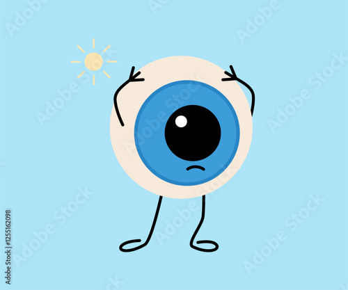 Photo phobia, squinting eye on sun, cute character. Health eyesight. Vector cartoon illustration