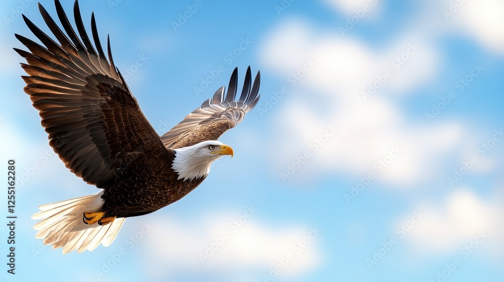 Obraz premium Majestic bird in flight against a soft, pastel blue sky with scattered, fluffy white clouds. The bird's wings are spread wide, showcasing detailed