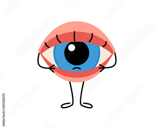 Redness and swollen eyelid of eye, cute character. Irritation, inflammation from overworked, allergy, dryness. Health eyesight. Vector cartoon illustration