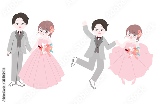 かわいい花嫁と花婿のイラスト　2つのポーズ　立ち姿とジャンプ　全身