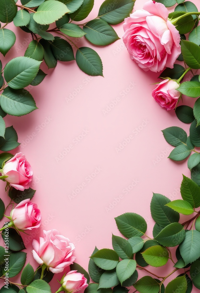 Fototapeta premium vibrant arrangement featuring soft pink roses and matching green leaves, set against pastel pink backdrop. composition exudes elegance, beauty, and delicate charm perfect for romantic