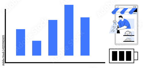 Bar chart indicating sales growth, person shopping online with a storefront on a phone screen, battery icon. Ideal for e-commerce, analytics, online marketplaces, data visualization, business growth