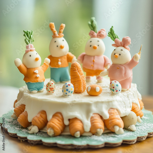 Carrot cake decorated with Easter figurines. Sweet and delicious treat. photo