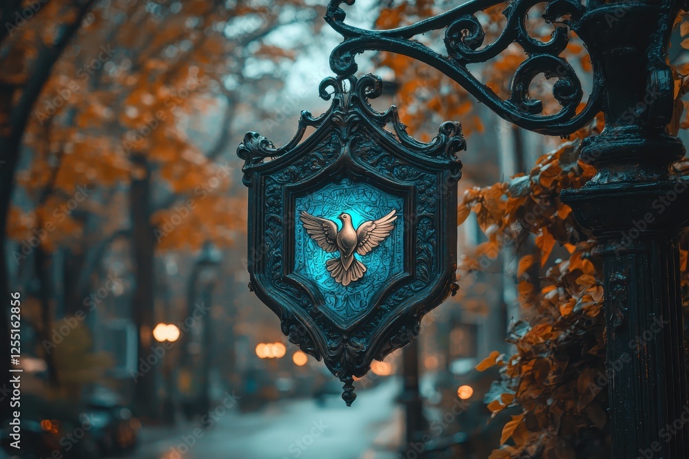 Fototapeta premium Ornate Dark-Metal Shield Sign Displaying Golden Peace Dove