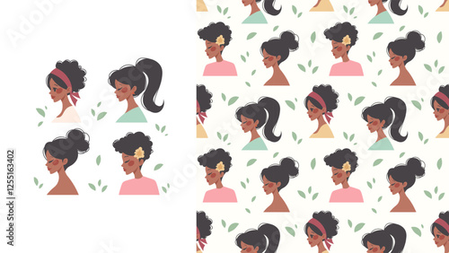 Seamless pattern with black women in flat style. Women with dark skin. Vector fabric swatch