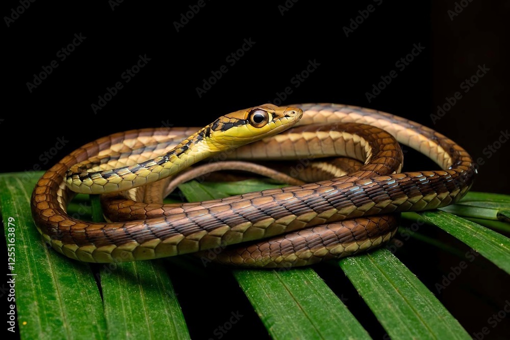Fototapeta premium Colorful Snake Coiled on Green Leaf