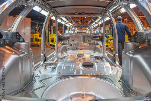 Passenger car parts ready for assembly on a conveyor line. photo