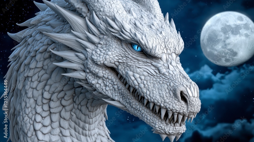 Close up portrait of a large, white, pixelated beast with sharp features, against a backdrop of a night sky with a full moon. The beast's scales Close up portrait of a large, white, pixelated beast with sharp features, against a backdrop of a night sky with a full moon. The beast's scales
