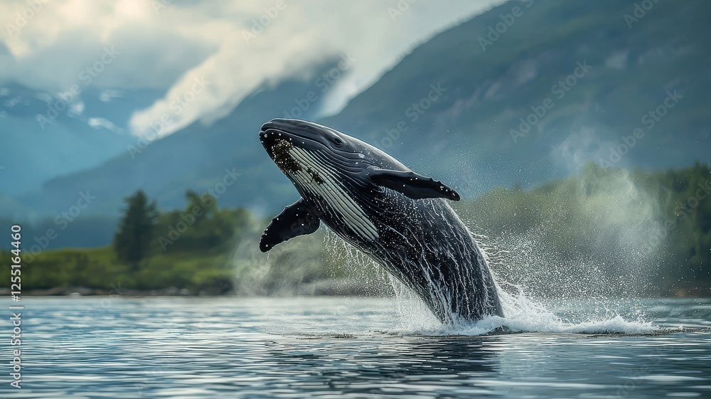 Obraz premium World wildlife day with conservation and awareness idea. A whale breaching the water with mountains in the background.