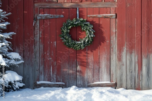 Red barn door with a festive Christmas wreath in winter photo