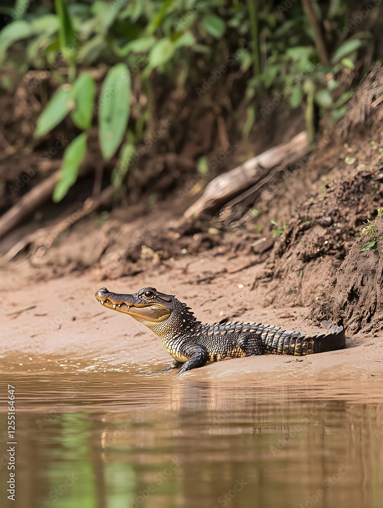 Obraz premium A caiman sliding into the water, barely making a sound as it disappears beneath the surface.