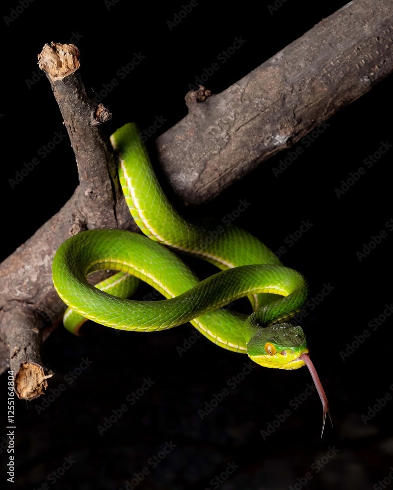 Obraz premium Vibrant Green Snake Coiling on a Branch