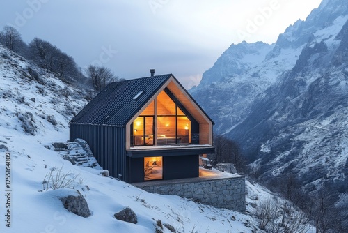 Cozy mountain cabin covered in snow with a scenic backdrop photo