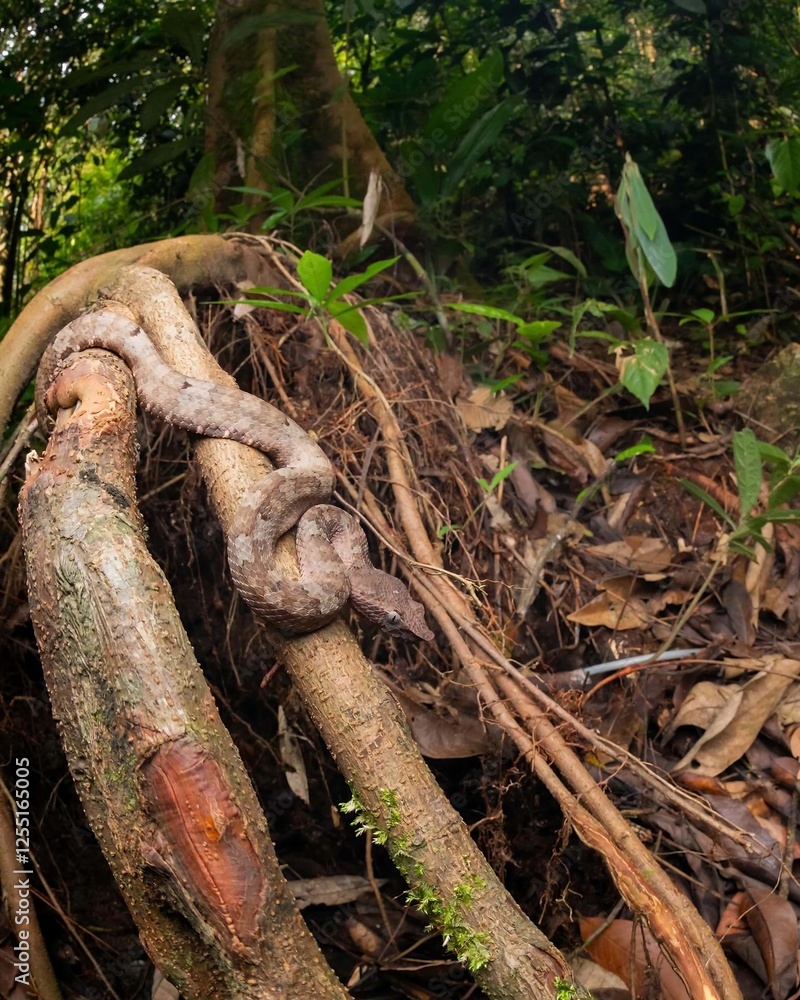 Serpent Wrapped Around Tree Roots in Forest Setting