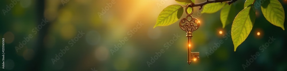 Golden key glows, hanging from tree branch, bokeh background, light, peace Golden key glows, hanging from tree branch, bokeh background, light, peace