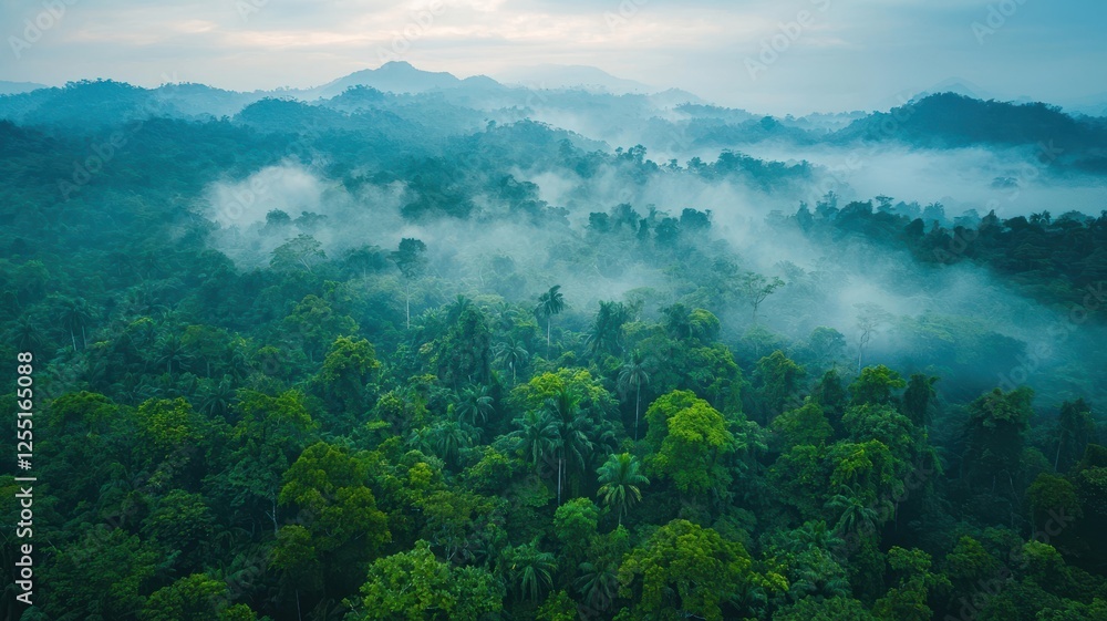 Fototapeta premium World wildlife day with conservation and awareness idea. Lush green forest under a misty sky at dawn.