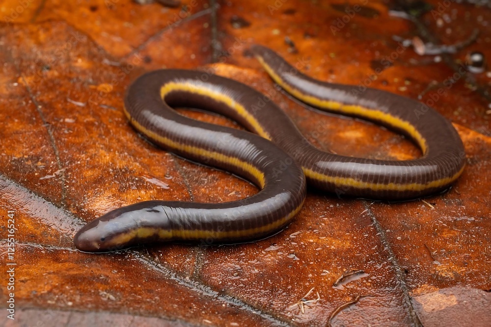 Fototapeta premium Elegant Snake on Wet Leaves in Natural Habitat