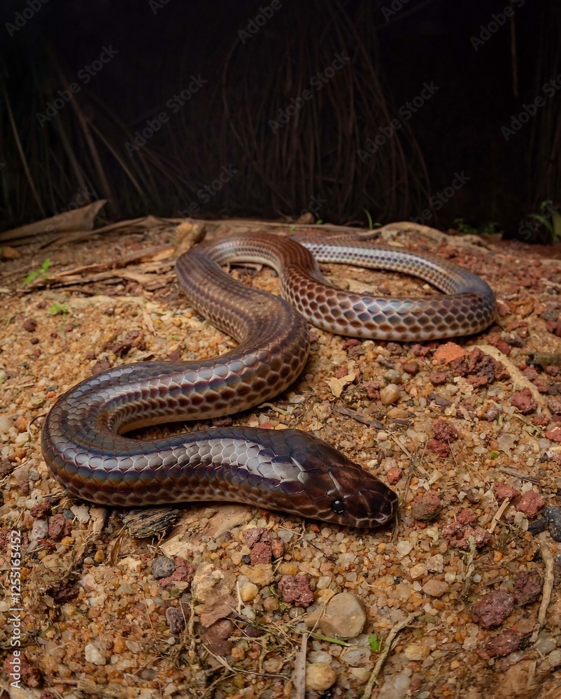 Obraz premium Brown Snake Slithering on Earth in Dark Environment