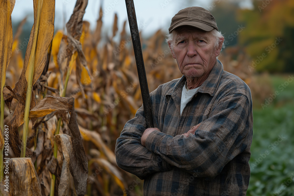 Obraz premium Elderly Farmer in Cornfield with Harvested Corn Stalks and Hoe