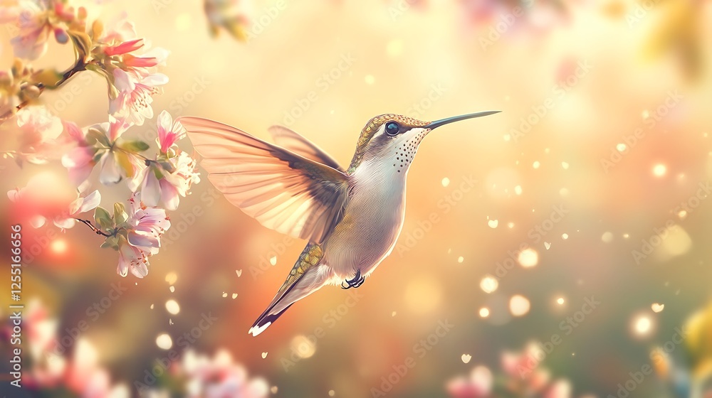 Fototapeta premium Hummingbird in Spring Blossom Garden; Beautiful Nature Scene