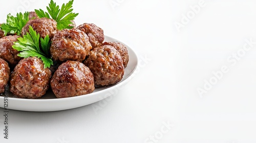 White bowl filled with beef meatballs and parsley on a wooden table with copy space for text