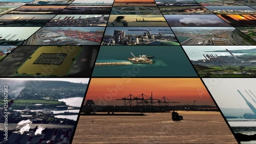 Industrial scenes collage: factories, power plants, trucks delivering goods, and logistics at ports, illustrating supply chains and manufacturing processes. High quality 4k footage