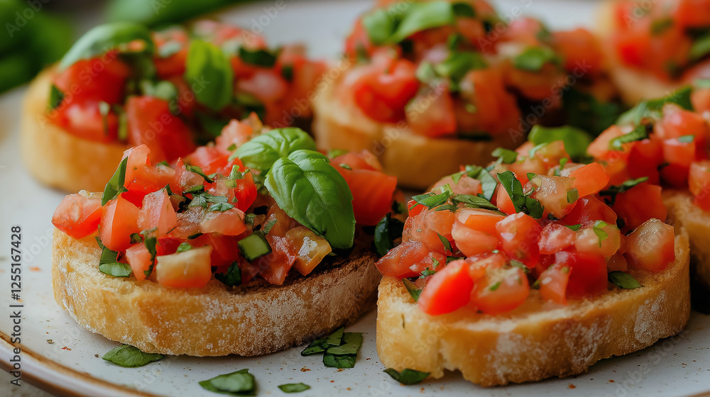 Delicious Bruschetta with Fresh Tomatoes, Basil, and Baguette Slices Served on a Plate Delicious Bruschetta with Fresh Tomatoes, Basil, and Baguette Slices Served on a Plate