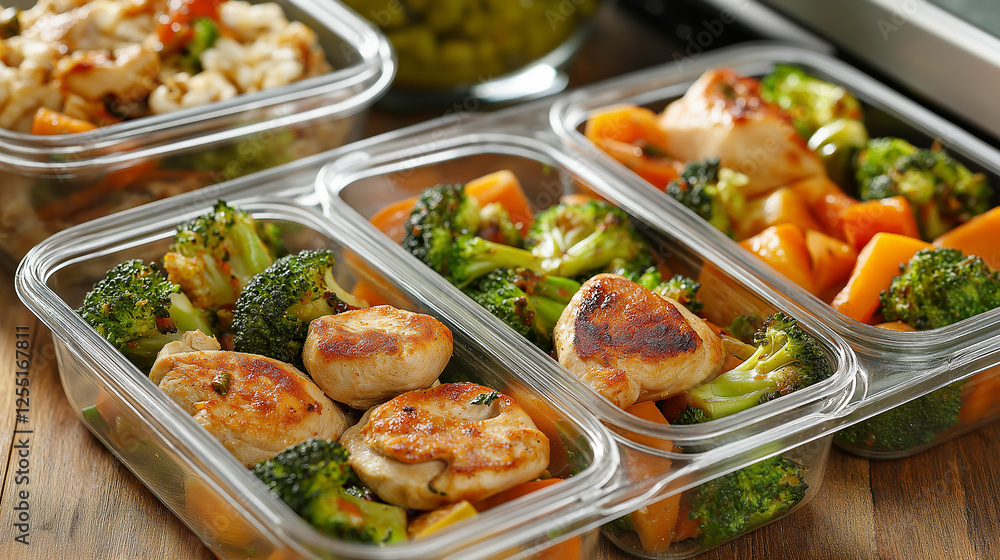 Healthy Meal Prep with Chicken, Broccoli, and Sweet Potatoes in Plastic Containers Healthy Meal Prep with Chicken, Broccoli, and Sweet Potatoes in Plastic Containers
