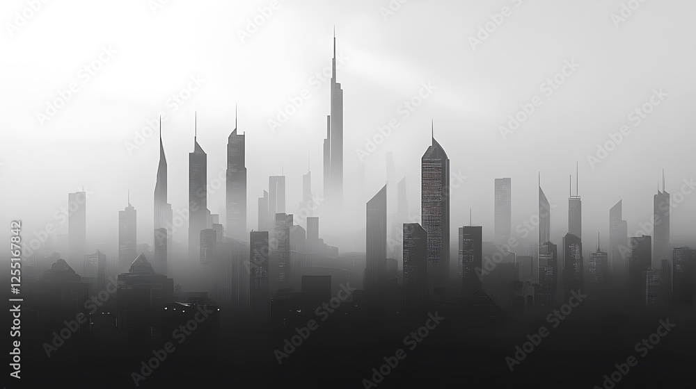 Naklejka premium Misty City Skyline, Modern Architecture, Urban Landscape, Sunrise View, Stock Photo