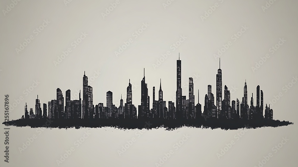 Naklejka premium City skyline sketch, urban landscape, line art, illustration, background use
