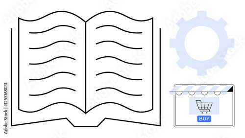 Open book icon next to a shopping cart inside a storefront symbol and a gear icon. Ideal for online shopping, e-commerce, digital bookstores, market strategy, retail management, technology