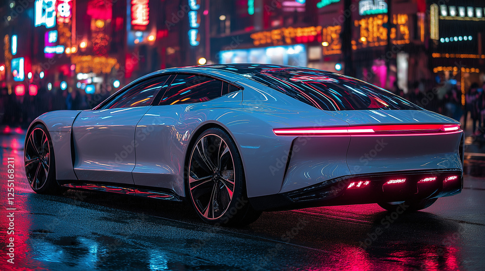 Futuristic white electric car parked on a neon-lit city street at night reflecting colorful lights Futuristic white electric car parked on a neon-lit city street at night reflecting colorful lights