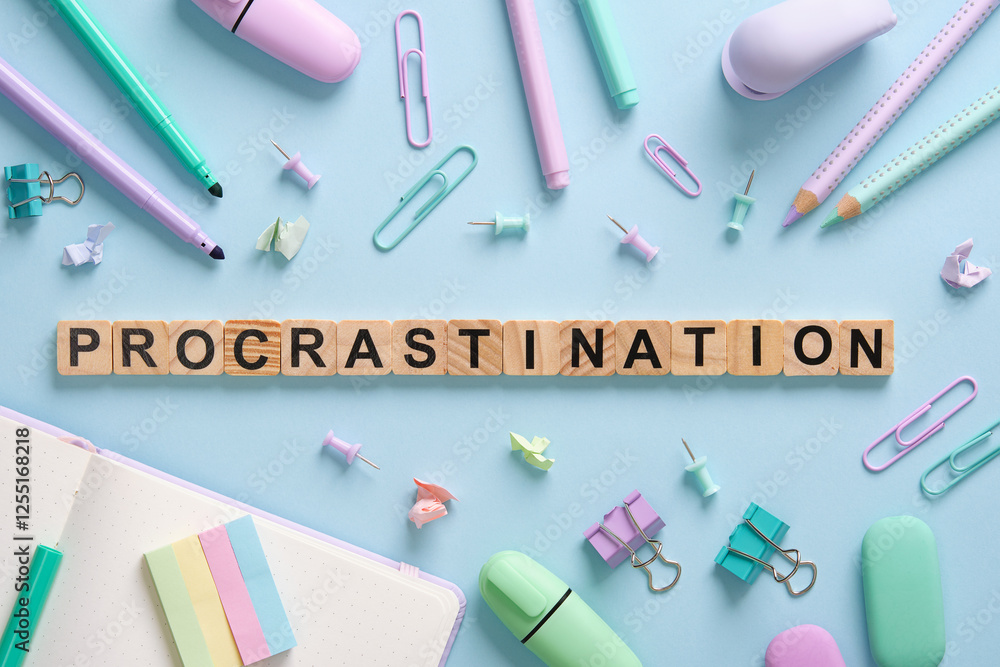 Word Procrastination in English laid out in wooden cubes on a background of office supplies Word Procrastination in English laid out in wooden cubes on a background of office supplies
