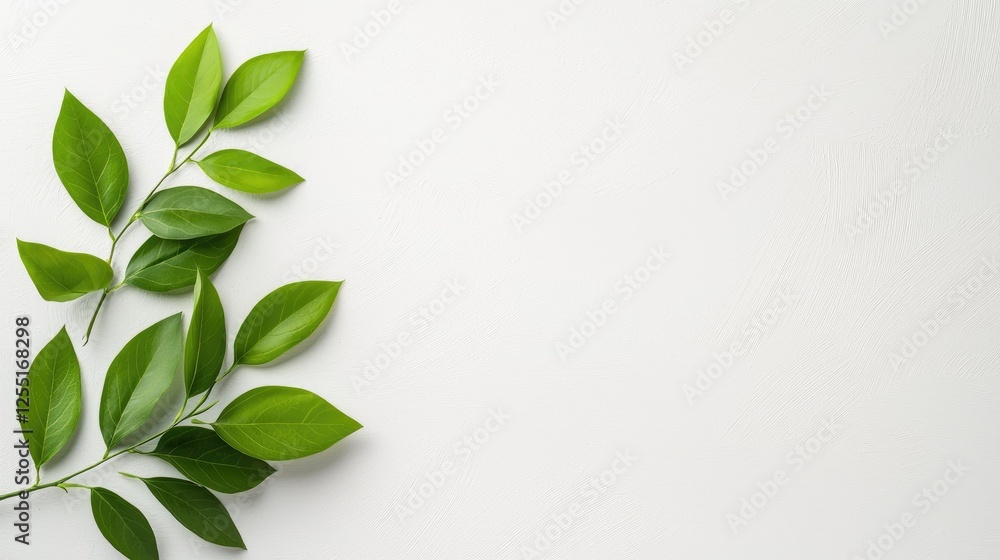 Green leaves on white background, space for text, nature design Green leaves on white background, space for text, nature design