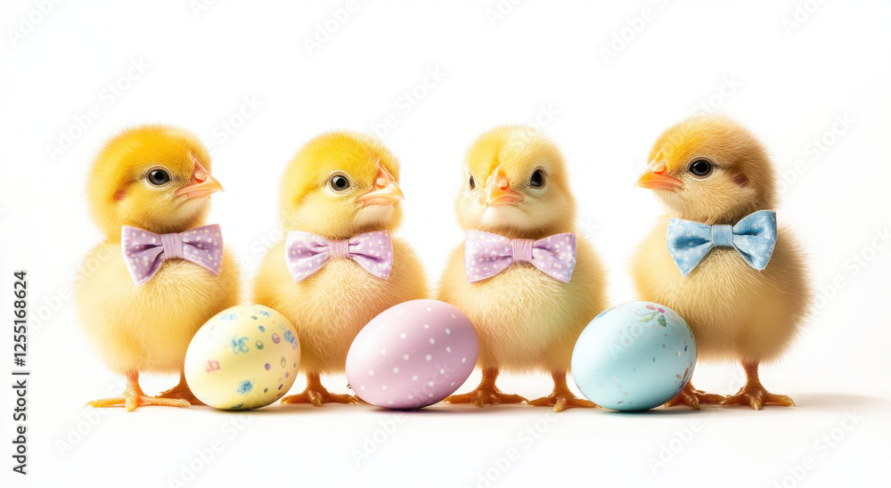 Four adorable yellow baby chicks, each adorned with pastel bows, gather around bright, decorated Easter eggs, creating a cheerful scene Four adorable yellow baby chicks, each adorned with pastel bows, gather around bright, decorated Easter eggs, creating a cheerful scene