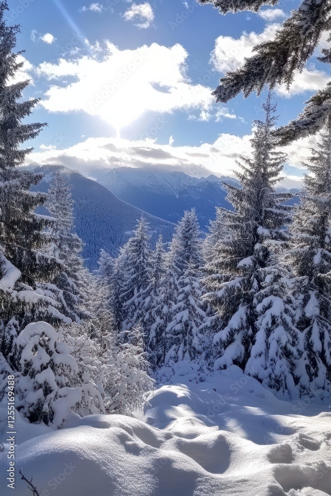Snowy Mountain Landscape with Fir Trees and Sunlight Snowy Mountain Landscape with Fir Trees and Sunlight