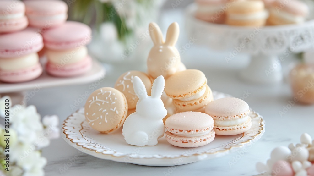 A French patisserie-inspired Easter setting with bunny-shaped sugar cookies, delicate madeleines, and pastel-colored macarons A French patisserie-inspired Easter setting with bunny-shaped sugar cookies, delicate madeleines, and pastel-colored macarons