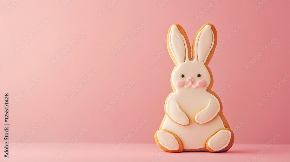 Obraz premium A single bunny sugar cookie with elegant piped details, standing upright against a solid pastel pink backdrop
