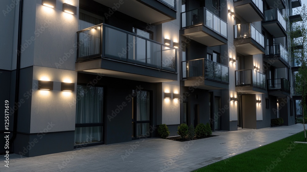 Obraz premium Modern apartment building exterior at night, walkway, green lawn