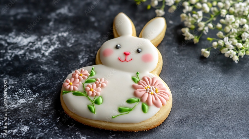 An artistically plated bunny sugar cookie with hand-painted floral details, set on a dark slate background for contrast An artistically plated bunny sugar cookie with hand-painted floral details, set on a dark slate background for contrast