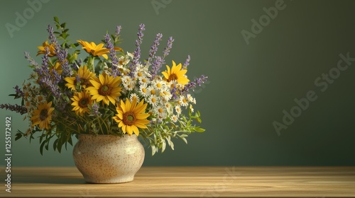 Wallpaper Mural Rustic Ceramic Pot Showcasing Sunflowers, Daisies, and Lavender on Wooden Table Torontodigital.ca