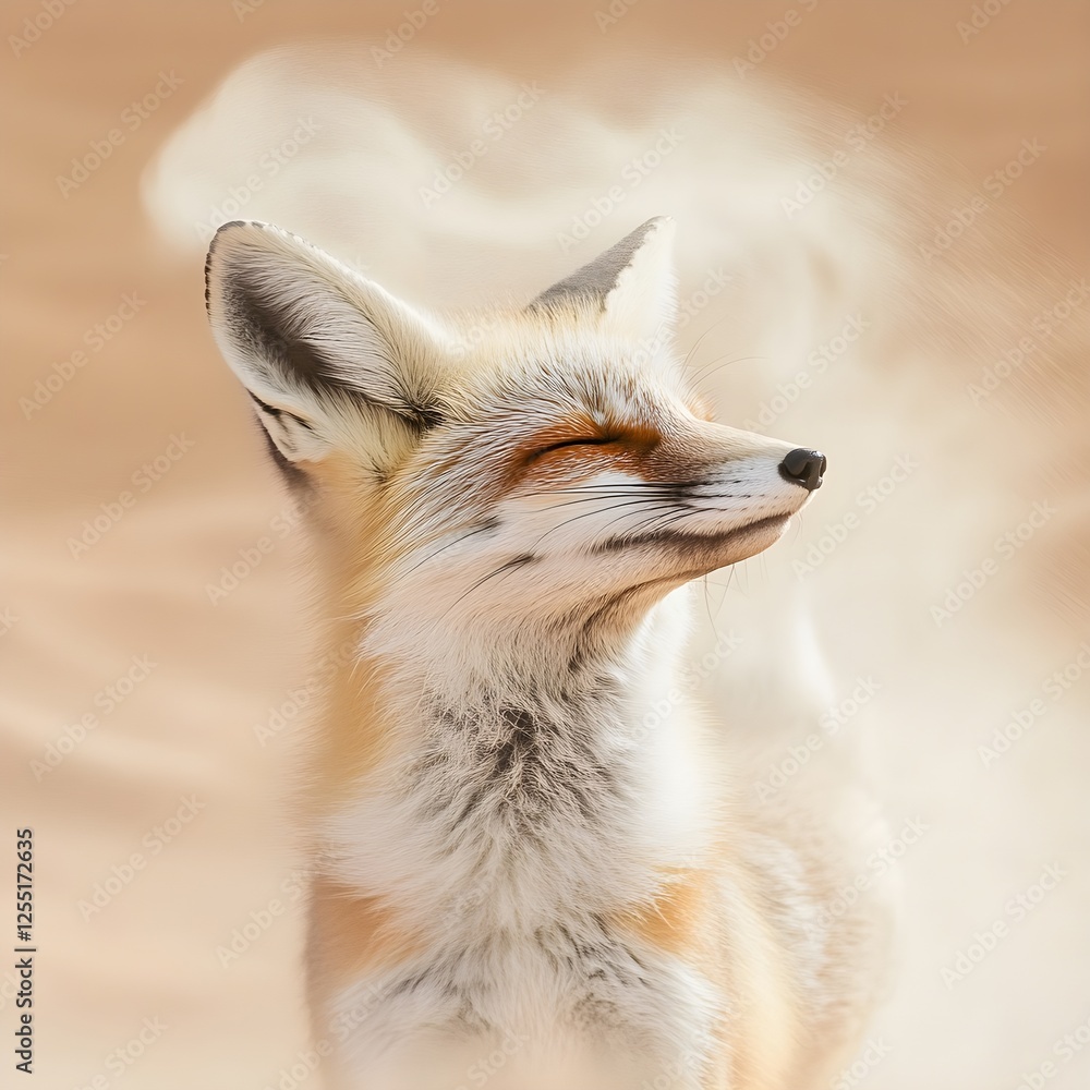 Fototapeta premium A desert fox shielding its face from a raging sandstorm, ears flattened against the wind.