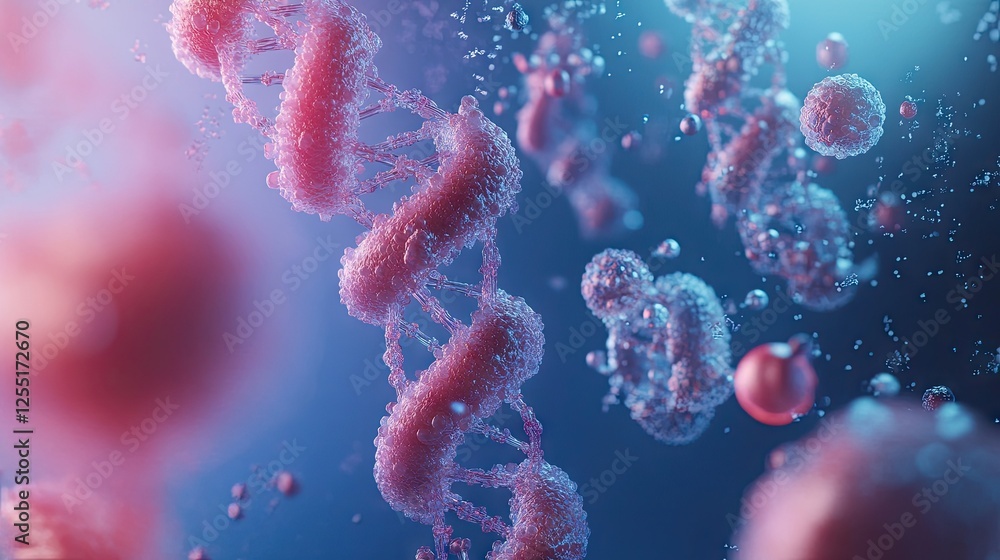 A digital visualization of DNA molecular structures at a microscopic level, floating in a blue space. A digital visualization of DNA molecular structures at a microscopic level, floating in a blue space.