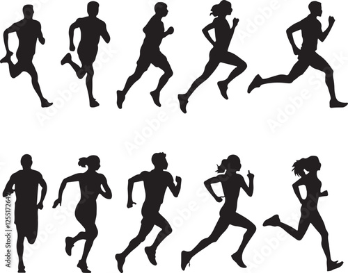 A set of dynamic black silhouettes of men and women running, showcasing various running postures.
