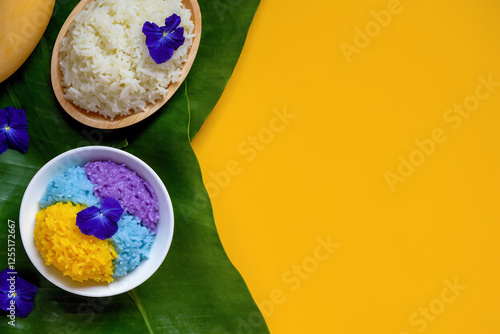 Thai sticky rice bowl, butterfly bean flower blue, yellow and
  purple three-color rice balls with coconut milk, 300dpi, 3d, empty copy space photo