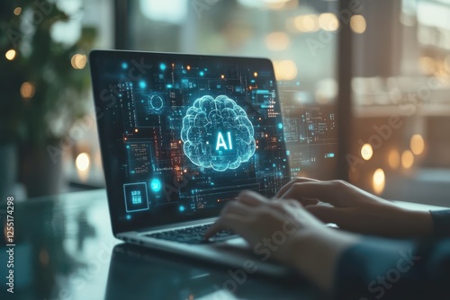 AI technology with digital brain and business icons on a blurry background