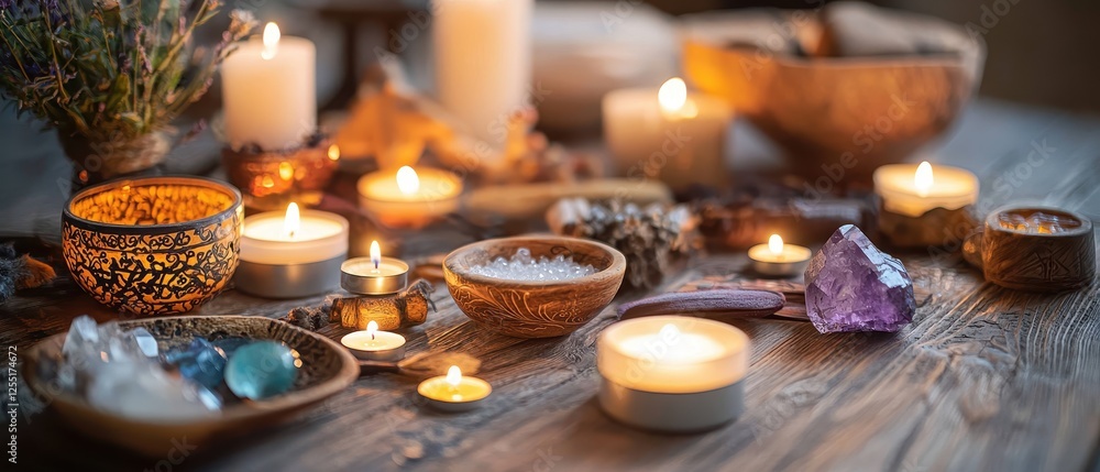 Rustic Wooden Table Displaying Candles and Crystals Creating a Serene Atmosphere Rustic Wooden Table Displaying Candles and Crystals Creating a Serene Atmosphere