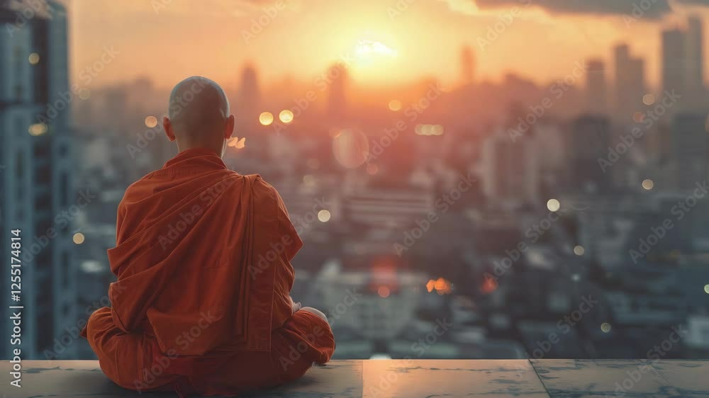 A Buddhist monk in an orange robe sits in meditation on a hill overlooking a modern city at sunset. The peaceful scene contrasts spirituality with urban life, symbolizing mindfulness and balance A Buddhist monk in an orange robe sits in meditation on a hill overlooking a modern city at sunset. The peaceful scene contrasts spirituality with urban life, symbolizing mindfulness and balance