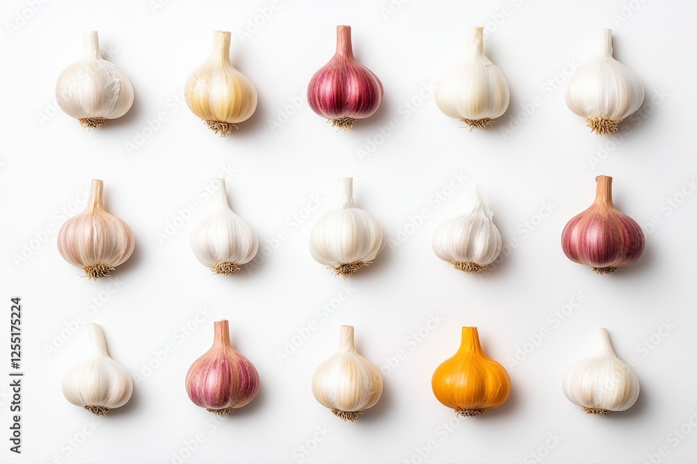 Artistically Arranged Garlic Bulbs Showcasing Culinary Diversity, Depicting a Collection of Fresh Cloves on White Background. Artistically Arranged Garlic Bulbs Showcasing Culinary Diversity, Depicting a Collection of Fresh Cloves on White Background.